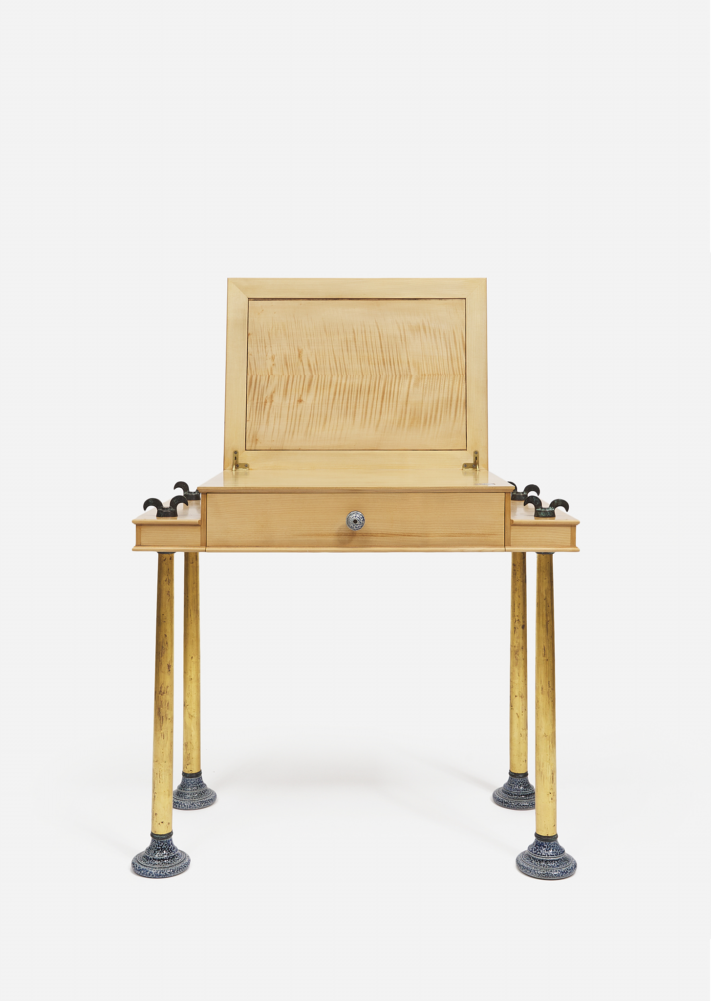 Steve Harrison, Desk, 2019-20, Sycamore and Rippled Sycamore, Mahogany 24ct Gold Gilded Columns With Bronze, Wingnuts and Ceramic Feet, h 77 (open 121) × w 86 × d 45 cm